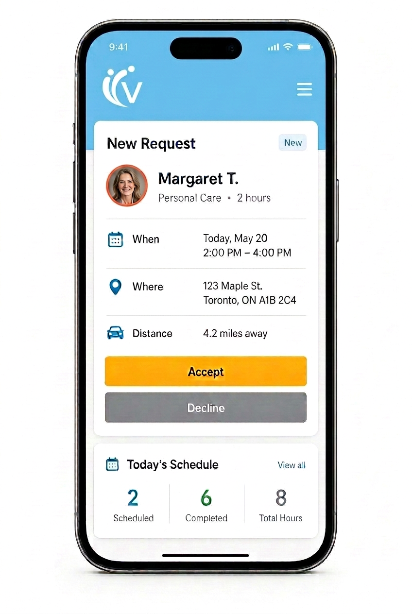 Vidal Caregiver app running on an iPhone, showing a new care request for Margaret T. with Accept and Decline buttons